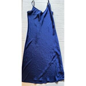 Aritzia Wilfred Navy Blue Satin V-Neck Sleeveless Midi Slip Dress Size Small